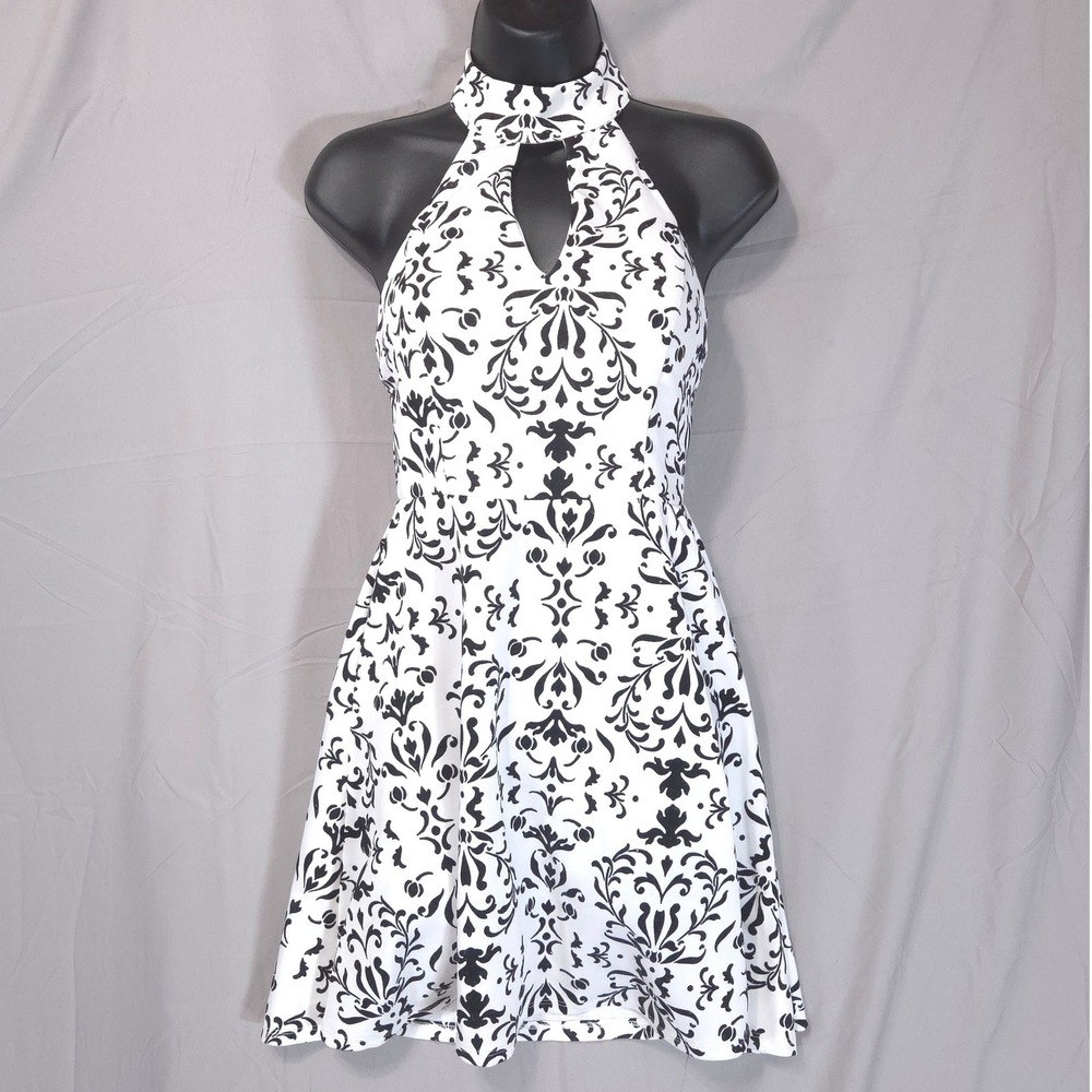 Damask Halter Keyhole Fit Flare Mini Dress Sz 5 Whimsigoth Coquette Black White - Picture 2 of 13